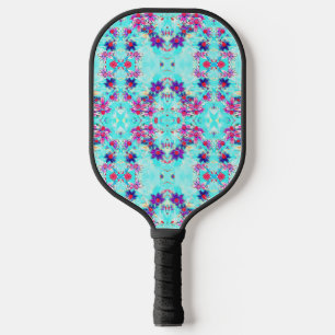 Cute Girly Purple Flower Pattern on Aqua Blue Pickleball Paddle