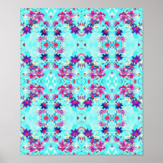 Cute Girly Purple Flower Pattern on Aqua Blue Poster (Front)