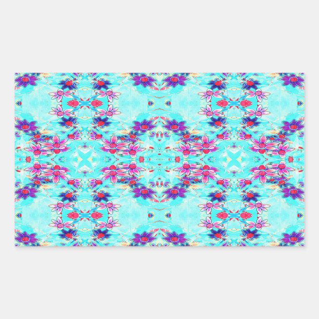 Cute Girly Purple Flower Pattern on Aqua Blue Rectangular Sticker (Front)