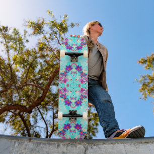 Cute Girly Purple Flower Pattern on Aqua Blue Skateboard