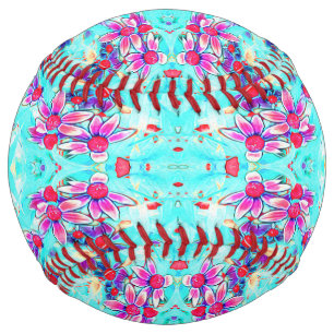 Cute Girly Purple Flower Pattern on Aqua Blue Softball