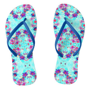 Cute Girly Purple Flower Pattern on Aqua Blue Thongs