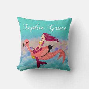 Cute Girly Purple Mermaid and Pink Flamingo Cushion
