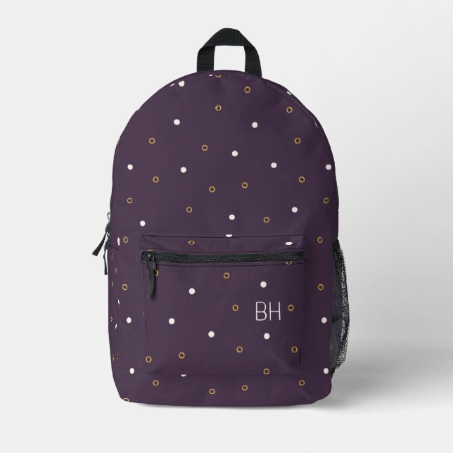 Cute Girly Purple Polka Dots Monogram Initials Printed Backpack (Front)