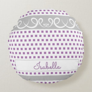 Cute Girly Purple Polka Dots & Swirls Script Name Round Cushion