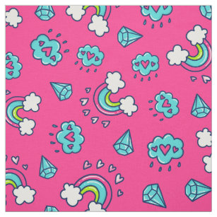 Cute Girly Rainbows Hearts & Gems Hot Pink Pattern Fabric