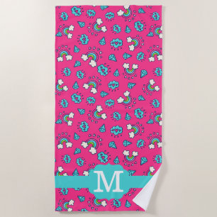 Cute Girly Rainbows Hearts & Gems Pattern Monogram Beach Towel
