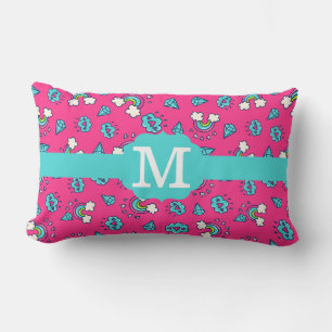 Cute Girly Rainbows Hearts & Gems Pattern Monogram Lumbar Cushion