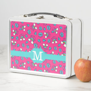 Cute Girly Rainbows Hearts & Gems Pattern Monogram Metal Lunch Box