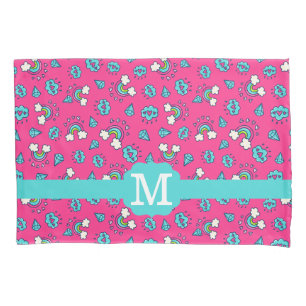 Cute Girly Rainbows Hearts & Gems Pattern Monogram Pillowcase