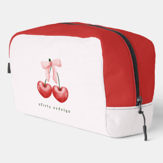 Cute Girly Red & Blush Pink Cherry Heart Bow Dopp Kit
