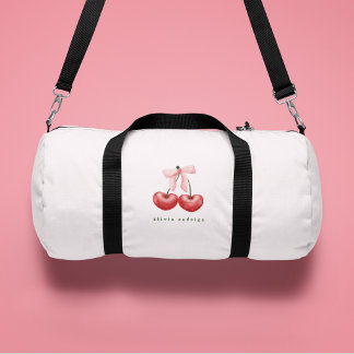 Cute Girly Red & Blush Pink Cherry Heart Bow Duffle Bag