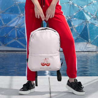 Cute Girly Red & Blush Pink Cherry Heart Bow Printed Backpack