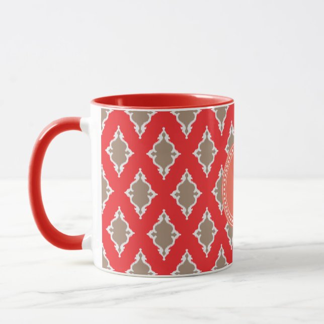 Cute girly red ikat tribal pattern monogram mug (Left)