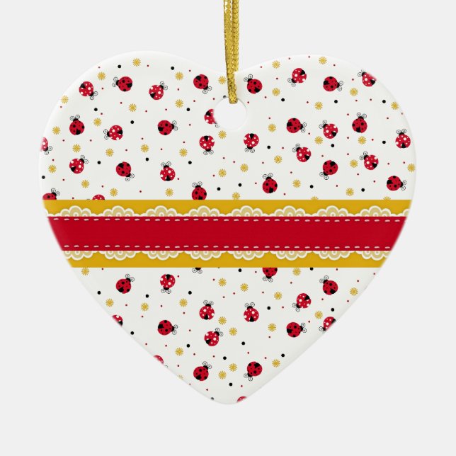 Cute girly red white black ladybugs dots ceramic ornament (Front)