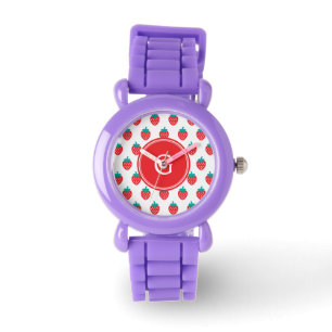 Cute girly red white strawberry patterns monogram watch