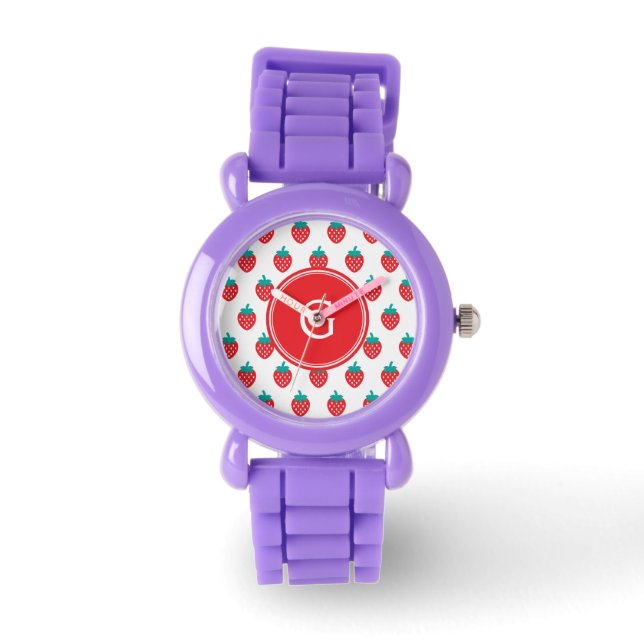 Cute girly red white strawberry patterns monogram watch (Front)
