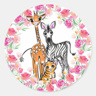 Cute girly Safari friends, giraffe, zebra, tiger Classic Round Sticker