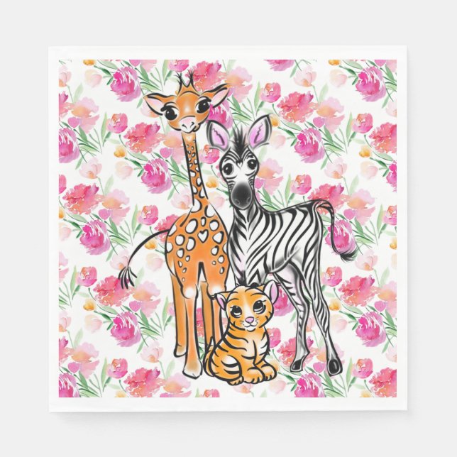 Cute girly Safari friends, giraffe, zebra, tiger Napkin (Front)