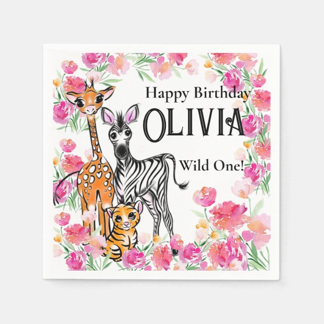 Cute girly Safari friends, giraffe, zebra, tiger Napkin (Front)