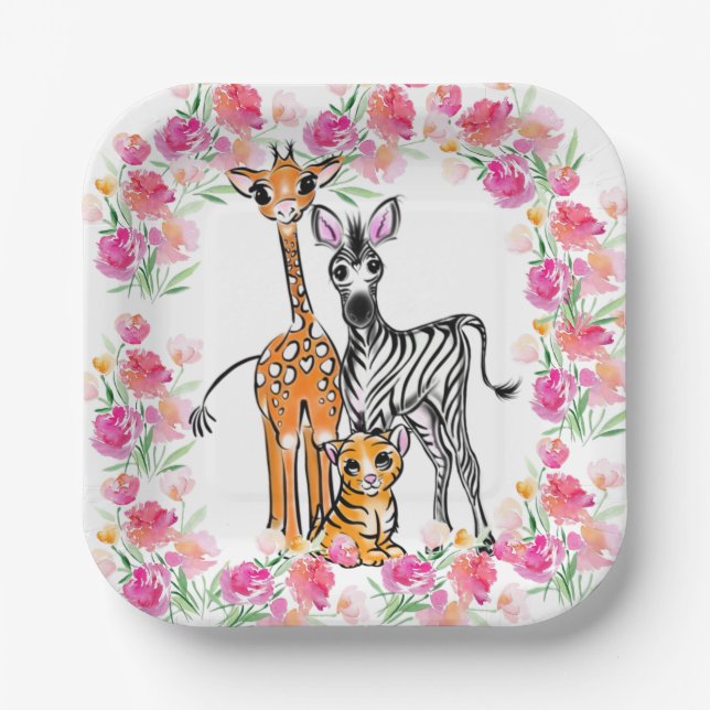 Cute girly Safari friends, giraffe, zebra, tiger Paper Plate (Front)
