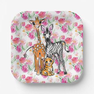 Cute girly Safari friends, giraffe, zebra, tiger Paper Plate