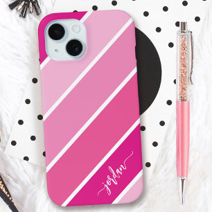 Cute Girly Script Name Pink Stripes Pattern iPhone 15 Case