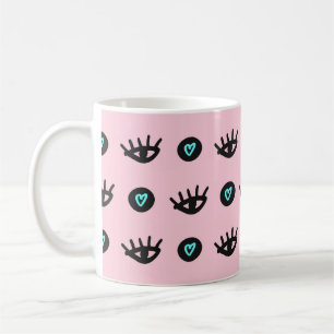 Cute girly seamless pattern with doodle eyes and h coffee mug
