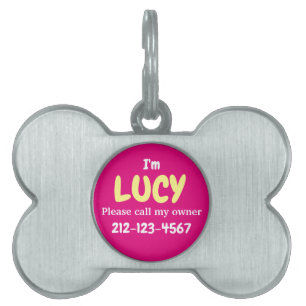 Cute Girly Silver Bone Shaped Hot Pink Customised Pet ID Tag
