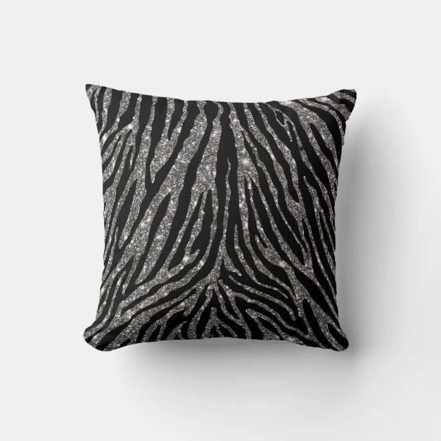 Cute Girly Silver Faux Glitter Zebra Black Pattern Cushion (Front)