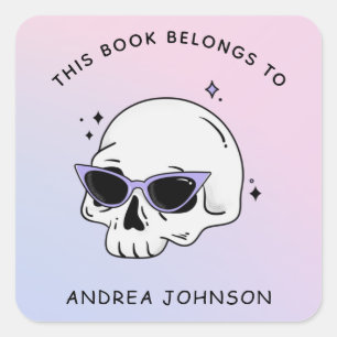 Cute Girly Skull Glasses Trendy Gradient Bookplate Square Sticker