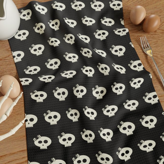 Cute Girly Skull Pattern Black Halloween Tea Towel (Cute skull pattern kitchen towel for your Halloween Kitchen)