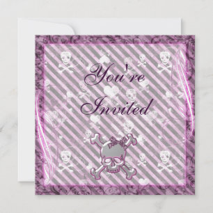 Cute Girly Skulls & Hearts Purple Birthday Invitation