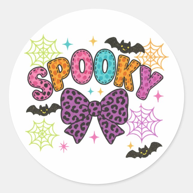 Cute Girly Spooky Leopard Bow Halloween Classic Round Sticker (Front)