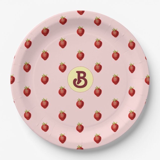 Cute Girly Strawberry Pink Name Monogram Paper Plate (Front)