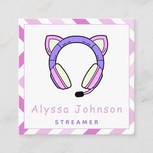 Cute & Girly Streamer Gamer Headset Trendy Cool Square Business Card (Front)