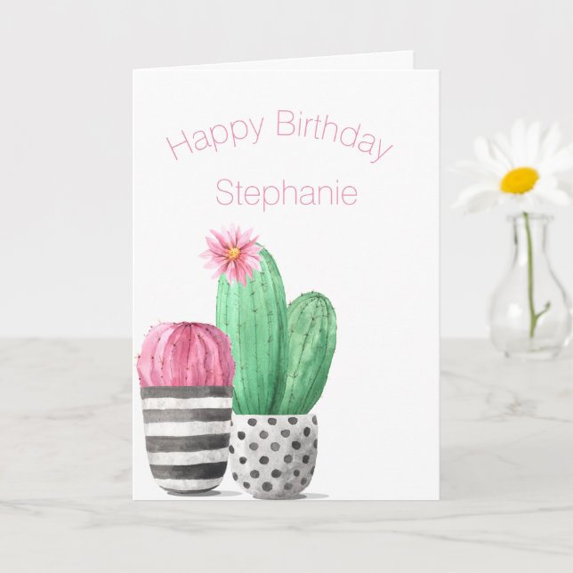 Cute Girly   Succulent Cactus watercolor Birthday Card (Small Plant)