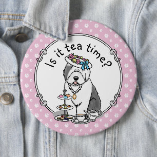 Cute Girly Tea Party Old English Sheepdog (Gray 1) 6 Cm Round Badge