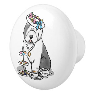 Cute Girly Tea Party Old English Sheepdog (Grey 1) Ceramic Knob