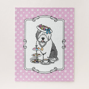 Cute Girly Tea Party Old English Sheepdog (Grey 1) Jigsaw Puzzle