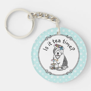 Cute Girly Tea Party Old English Sheepdog (Grey 1) Key Ring