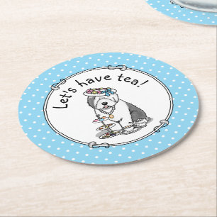 Cute Girly Tea Party Old English Sheepdog (Grey 1) Round Paper Coaster