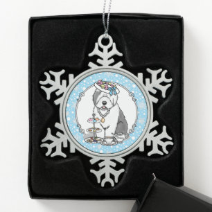Cute Girly Tea Party Old English Sheepdog (Grey 1) Snowflake Pewter Christmas Ornament