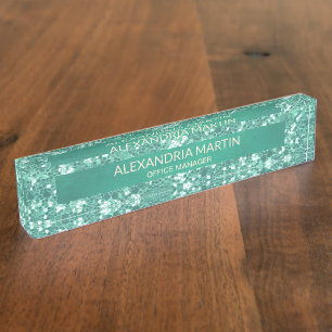 Cute Girly Teal Mint Green Glitter Office Nameplate