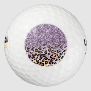 Cute girly trendy purple faux glitter leopard golf balls