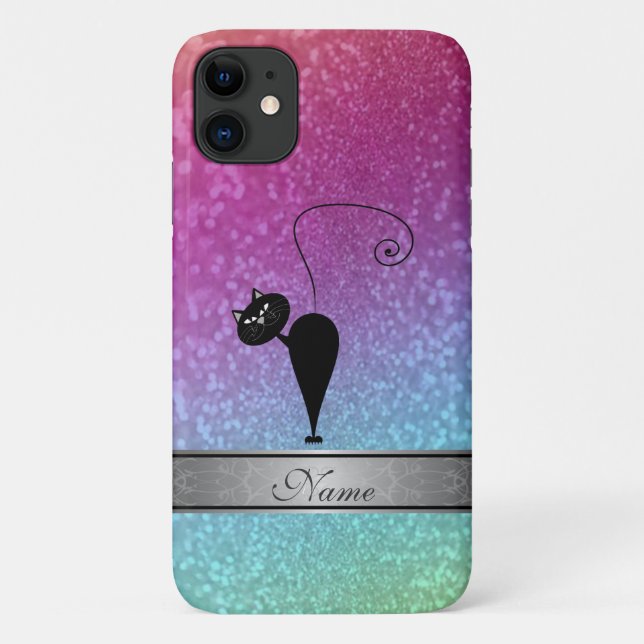 Cute girly trendy rainbow  glittery cat monogram Case-Mate iPhone case (Back)