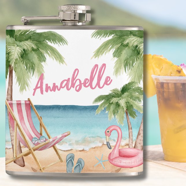 Cute Girly Tropical Beach Name Hip Flask (Beach Tropical Flask)