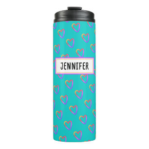 Cute Girly Turquoise Colourful Heart Pattern Name Thermal Tumbler