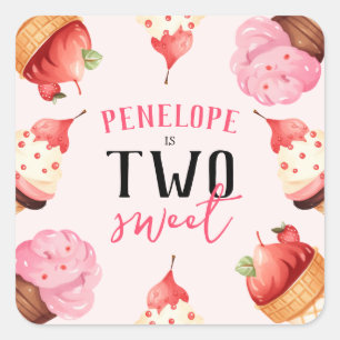 Cute Girly Two Sweet Ice Cream Birthday Square Sticker