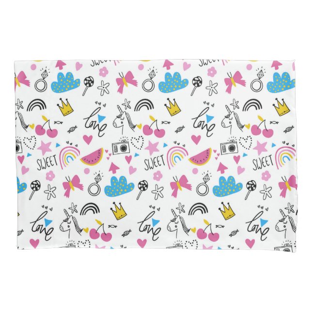 Cute Girly Unicorn Colourful Illustrated Pattern Pillowcase (Front)